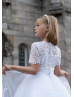 Beaded Short Sleeves White Lace Tulle Tea Length Flower Girl Dress